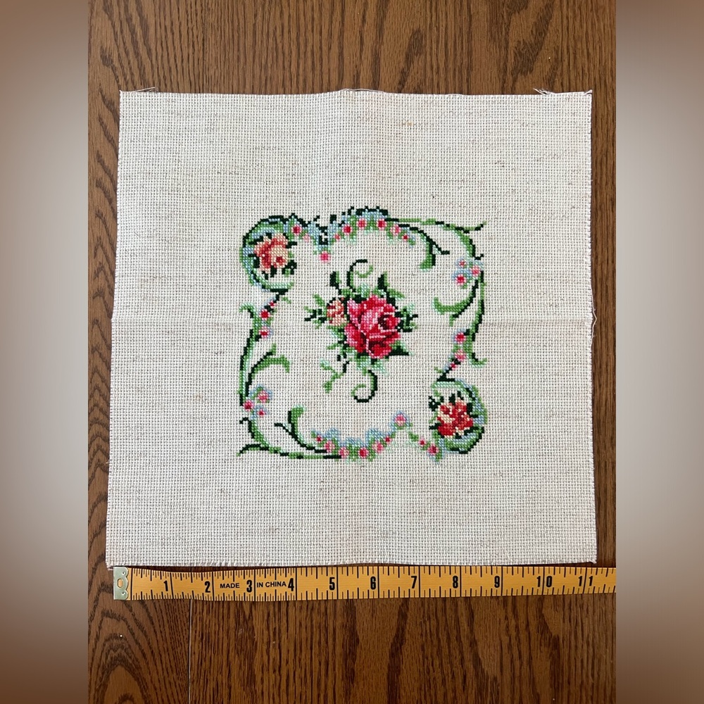 Hand-Embroidered Floral Cross Stitch Square in Pink and Green